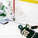 Stars goalie Jake Oettinger stopped a shot by the Wild’s Marcus Johansson in the closing seconds of Sunday’s game.