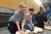 Pat Mauch practiced giving CPR during a class put on by the Plymouth Rotary Club.