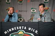 Wild General Manager Bill Guerin, right, and coach Dean Evason met with reporters Tuesday at Xcel Energy Center.