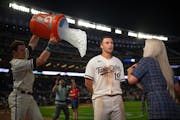 Twins right fielder Max Kepler doused Alex Kirilloff with an ice water bath as he took part in a post-game interview after his game-winning hit agains