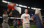 Twins right fielder Max Kepler doused Alex Kirilloff with an ice water bath as he took part in a post-game interview after his game-winning hit agains