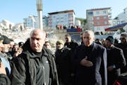 Turkey’s President Recep Tayyip Erdogan on Feb. 8 visits the city center destroyed by the earthquake in Kahramanmaras, southern Turkey. 