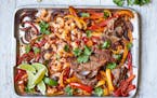 Surf ‘n Turf Fajitas are a quick meal that feels special. From “The Slimming Foodie in Minutes,” by Pip Payne (Aster, 2023).