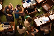 House DFL members celebrated after the passage of the Health and Human Services finance bill on the floor of the house Monday.