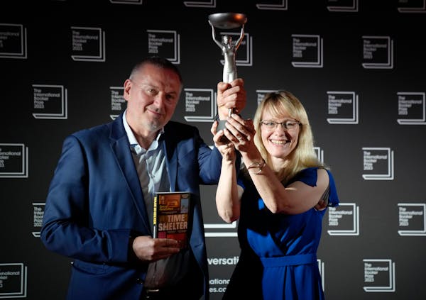 Bulgarian writer Georgi Gospodinov and translator Angela Rodel, right, won The International Booker Prize in London, Tuesday, May 23, 2023. (AP Photo/