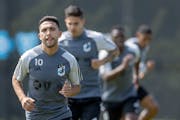 Minnesota United midfielder Emanuel Reynoso (10) practiced with the team at the National Sports Center in Blaine on Thursday.