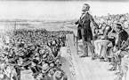 This undated illustration depicts President Abraham Lincoln making his Gettysburg Address at the dedication of the national cemetery on the battlefiel