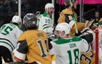 Dallas Stars center Ty Dellandrea celebrates after scoring his second goal of the third period against the Vegas Golden Knights 