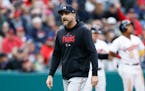 Minnesota Twins manager Rocco Baldelli walks off the field after being ejected for arguing a call during the fourth inning of a baseball game against 