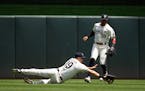 Twins left fielder Alex Kirilloff (19) came up short on a dive to catch a ball hit by Toronto’s Alejandro Kirk in the second inning, which drove in 