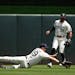 Twins left fielder Alex Kirilloff (19) came up short on a dive to catch a ball hit by Toronto’s Alejandro Kirk in the second inning, which drove in 