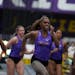 Minnesota State Mankato’s Denisha Cartwright, in front (2022 photo) won the NCAA Division II 100-meter hurdles for the second year in a row, her tim