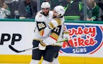 Golden Knights forwards William Karlsson (71) and Michael Amadio (22) celebrated after Karlsson’s goal during the third period Monday in Dallas.