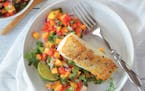 White Fish with Papaya Red Pepper Salsa is a light summer meal; use any kind of white fish. From “For the Love of Seafood” by Karista Bennett (Cou