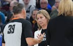 Minnesota head coach Cheryl Reeve listens as the ref tells her a penalty call was reversed against her team Friday, May 19, 2023 Minneapolis, Minn. Ch