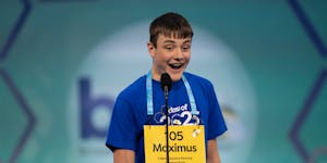 Maximus Katsoulis, 14, from Blackduck, Minn., competed in National Spelling Bee on Tuesday, in Oxon Hill, Md. (AP Photo/Nathan Howard)