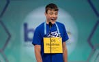 Maximus Katsoulis, 14, from Blackduck, Minn., competed in National Spelling Bee on Tuesday, in Oxon Hill, Md. (AP Photo/Nathan Howard)