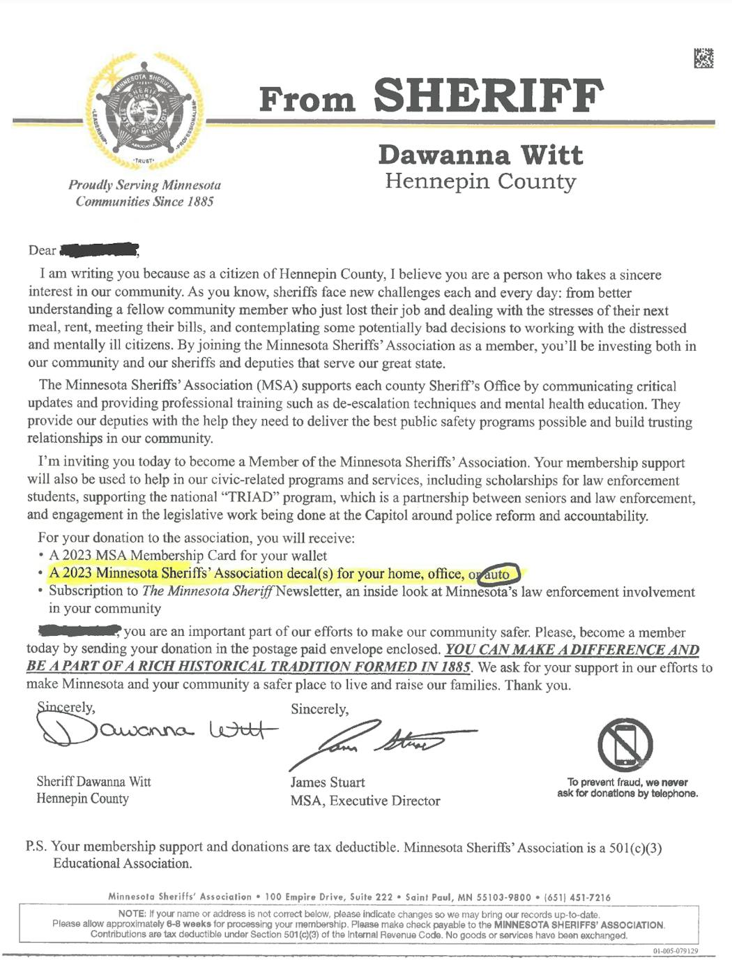 A Minnesota Sheriffs’ Association solicitation letter was received by a Hennepin County resident who highlighted the section about decals offered to donors. The letter shows the format where Hennepin County Sheriff Dawanna Witt’s name was added at the top.