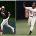 Royce Lewis rounded second base after his game-tying homer on Thursday (left); Kirby Puckett rounded second after his game-winning home run in game 6 