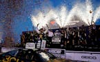 Kyle Busch celebrates after winning a NASCAR Cup Series race at World Wide Technology Raceway on Sunday