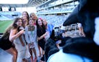 Members of the Wayzata volleyball team posed for a photo taken by United mascot PK before the All-Metro Sports Awards at Allianz Field last summer.