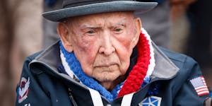 World War II veterans Jake Larson attends a ceremony to mark the 79th anniversary of the assault that led to the liberation of France and Western Euro