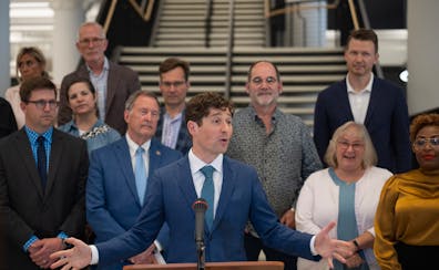 Minneapolis Mayor Jacob Frey was joined at a news conference Tuesday by members of his newly formed “Vibrant Downtown Storefronts Workgroup” to an
