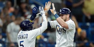 Luke Raley of the Rays celebrated after crushing his two-run homer off Twins starter Louie Varland in the fifth inning.