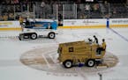 Ice resurfacers were used between periods during Game 2 of the Stanley Cup Finals between the Panthers and Golden Knights on Monday.
