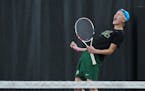 Rochester Mayo’s Ben Erickson celebrates a winning point against Wayzata in the state Class 2A team tournament at the Baseline Tennis Center on the 
