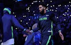 Karl-Anthony Towns (32) of the Minnesota Timberwolves is introduced to play the Denver Nuggets in Game Three of the Western Conference First Round Pla
