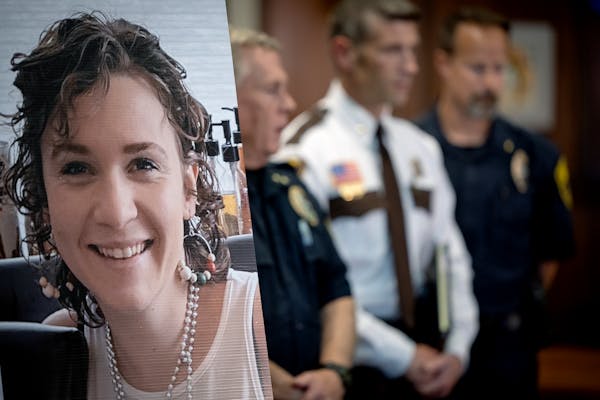 A photo of Madeline Kingsbury stood at the front of a room alongside law enforcement during a news conference at the Winona City Hall in June.