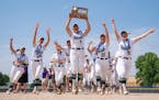 Rosemount players celebrate after defeating Forrest Lake 6-1 to win the MSHSL class 4A softball state championship game Friday, June 9, 2023, at Caswe