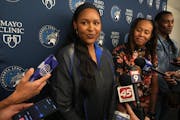 Former Lynx players Maya Moore, Seimone Augustus and Sylvia Fowles take questions from reporters Friday before being honored as part of the Lynx’s 2