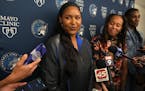 Former Lynx players Maya Moore, Seimone Augustus and Sylvia Fowles take questions from reporters Friday before being honored as part of the Lynx’s 2