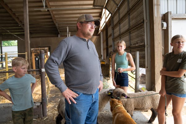 Carey Tweten stands in the barn with three of his children, Llewyn, 8, Emerson, 14, and Avyn, 12, left to right, Wednesday, June 15, 2023, at Valley A