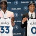 Second-round draft picks Leonard Miller and Jaylen Clark posed at Monday’s Timberwolves news conference at Target Center.