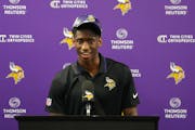 Jordan Addison answered questions during his introductory news conference on April 28, a day after he was taken by the Vikings in the first round.