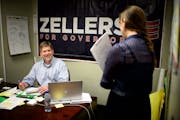 Kurt Zellers made campaign calls to primary election voters from his campaign office in Osseo. Press secretary Caitlyn Stenerson brought some thank-yo