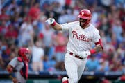 Philadelphia Phillies’ Weston Wilson reacts after a home run during Wednesday’s game 