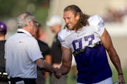 Vikings tight end T.J. Hockenson greeted team owner Zygi Wilf on Aug. 3, the last day he was able to practice fully with the team before Monday.