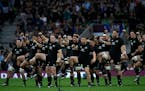 New Zealand’s players perform the Haka before the rugby union international match between South Africa and New Zealand, at Twickenham stadium in Lon