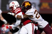 Gophers safety Tyler Nubin, right, and teammates kept Nebraska under wraps when the teams met Nov. 5, 2022 in Lincoln, a 20-13 Minnesota victory.