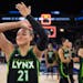 Minnesota Lynx guard Kayla McBride (21) applauded the crowd after the Lynx win. She led the team with 23 points. The Minnesota Lynx clinched a playoff
