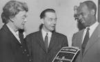 William O’Shields, right, was guest speaker for a discrimination forum in 1947 at the University of Minnesota. With him were Helen Parker Mudgett, a