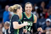 Lynx forward Napheesa Collier (right, with Rachel Banham) finished fourth in the WNBA in scoring this season after missing all but four games last yea