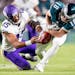 The Vikings’ Troy Dye forced a fumble on Britain Covey of the Eagles in the first quarter Thursday at Lincoln Financial Field in Philadelphia.