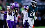 Minnesota Vikings wide receiver K.J. Osborn (17) reacts after dropping a pass during the second half of an NFL football game against the Philadelphia 