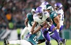 Vikings running back Alexander Mattison (2) had eight carries for 28 yards and one of the team’s four fumbles Thursday in Philadelphia.