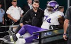 Vikings offensive lineman Oli Udoh had to be carted off the field Thursday night in Philadelphia.